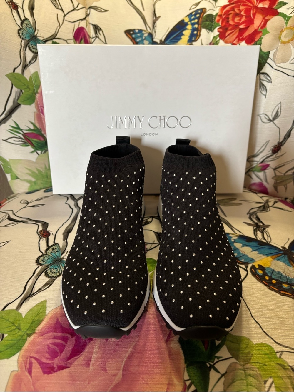 Jimmy Choo Black Crystal-Studded Knit Sock Sneakers